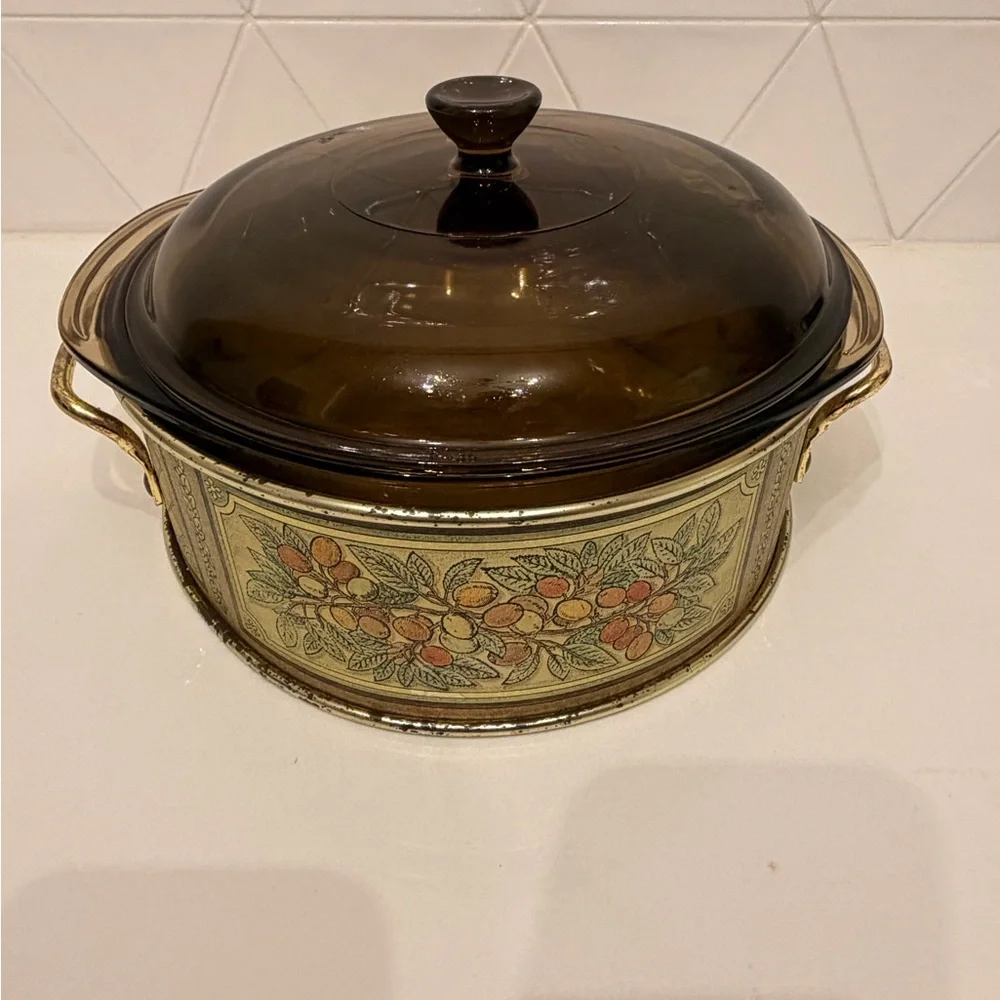 Vintage Pyrex Amber Brown Casserole Dish w‎ Lid + Metal Serving Ring 1960s USA